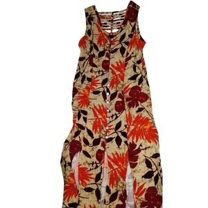 Scarlett Maxi Dress Women 16 Beige Red Floral Leaves Sleeveless Casual Button Up